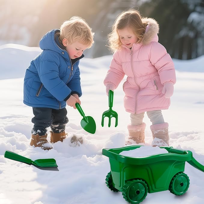 Duckura Kids Wheelbarrow Set - Gardening Tools for Kids with Shovel, Rake, Trowel, Outdoor Yard Lawn Digging Weed Toys, Christmas Birthday Gifts for Boys Girls Age 2 3+Years Old(Green A)