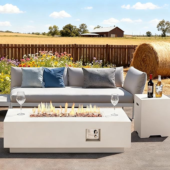 ECOTOUGE 56''Gas Fire Pit, Outdoor Propane Firepit Table w/Side Handles, Auto-Ignition Rectangle Steel Fire Table, 50,000 BTU Concrete fire Pit w/Weather-Resistant Pit Cover£¨White, No Tank Cover£©