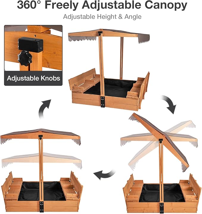 Sandbox with Lid and Cover, Outdoor Sand Box for Kids with 360¡Æ Adjustable Canopy, 2 Foldable Bench Seats & Sand Leak-Proof Liner