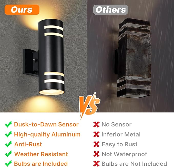 Dusk to Dawn Wall Light 2 Pack, Modern Outdoor Wall Lights with LED Bulbs, Cylinder Black Porch Light Fixture Wall Mount, Up and Down Lighting Outdoor Wall Sconce for House Porch Door