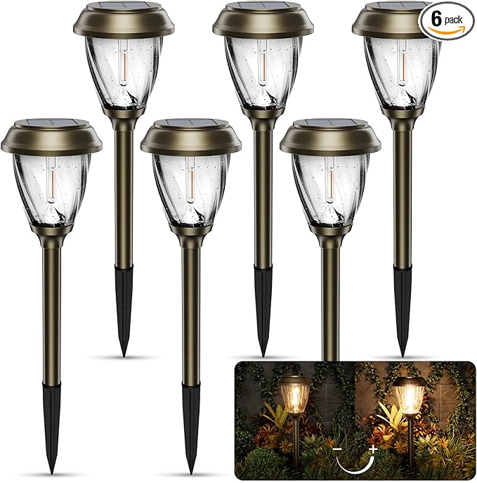 XMCOSY+ Solar Pathway Lights Outdoor, 10/25 LM in 2 Lighting Modes, Glass Stainless Steel Waterproof Outside Solar Powered Garden LED Lights for Yard Lawn Driveway Walkway Landscape Decor(Warm White)