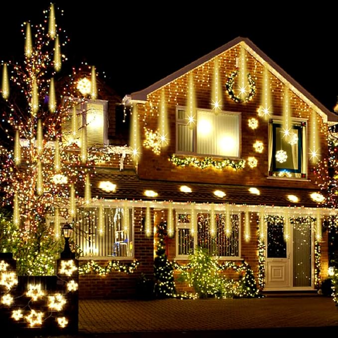 Christmas Lights Outdoor, UL Certified Falling Rain Drop Light 8 Tubes 192 LED Meteor Shower Snow Dripping Icicle Lights for Xmas Tree Christmas Decorations Holiday Party, Warm White