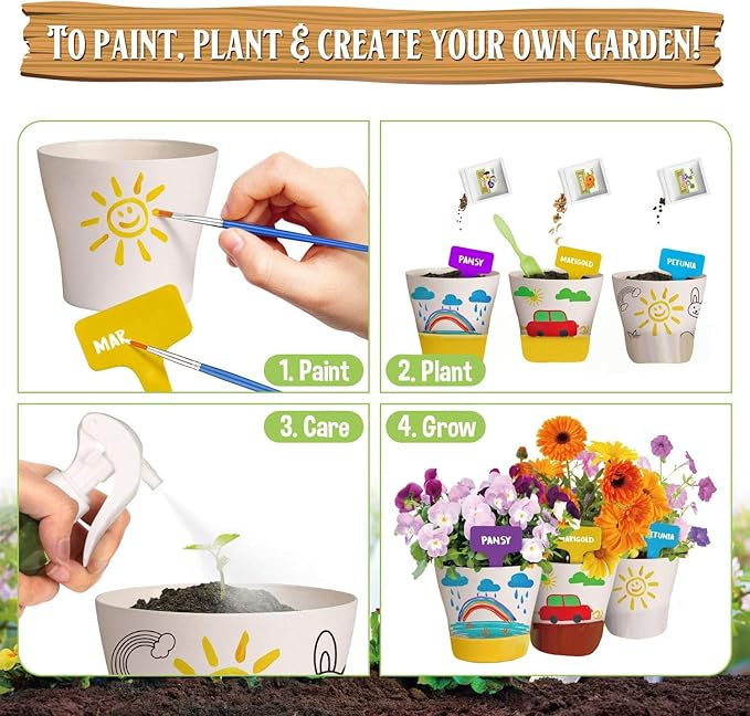 Doiaz Paint & Plant Flower Growing Gardening Kit with 3 Pots for Kidz - Christmas Gifts for Girlz & Boyz Agez 5, 6, 7, 8, 9, 10, 11 & 12 Yearz Old Girlz