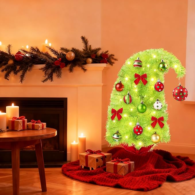 2FT Artificial Whimsical Christmas Tree Lime Small Bendable Christmas Tree with Lights Hanging Balls Bows Curved Shape Tabletop Tree Decor for Xmas Holiday Indoor Outdoor Decor