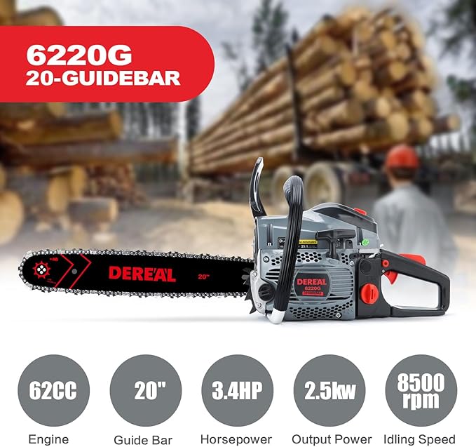 Gas Chainsaws 62CC 20 Inch 18Inch Petrol Handheld Cordless Chainsaw 3.4HP 2 Stroke Engine Gas Powered Chainsaw for Cutting Wood Outdoor Garden Farm Home