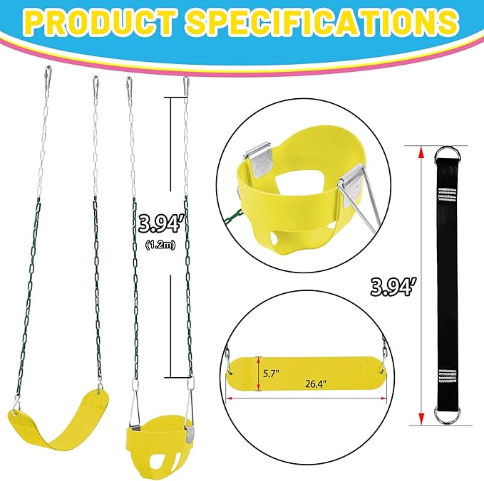 Toddler Swing Set for Outside - High Back Full Bucket Seat with 4 Hanging Straps and Hooks for Kids, Infants, Baby - Outdoor Tree Swing
