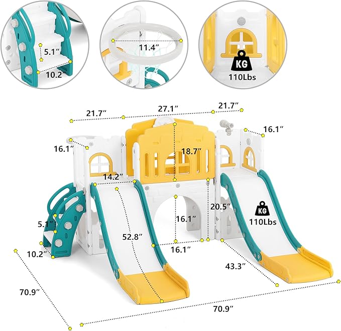 JOYLDIAS 9 in 1 Toddler Slide, Toddler Playground with Double Slides, Climber,Basketball Hoop,Tunnel, Telescope, Storage Space and Non-Slip Step, Indoor Outdoor Backyard Playset for Toddlers Age 1-3+