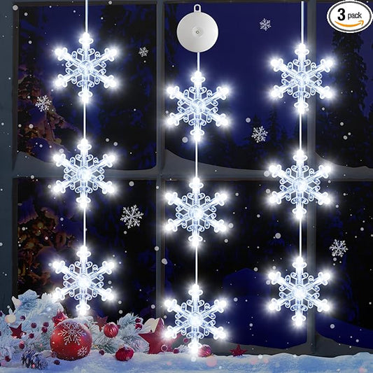 3Pcs Christmas Window Lights Decorations with Timer, Battery Powered Christmas Window Hanging White Lighted Snowflake Shaped LED Sucker String Lamp for Xmas Tree Fireplace Window Indoor Decor