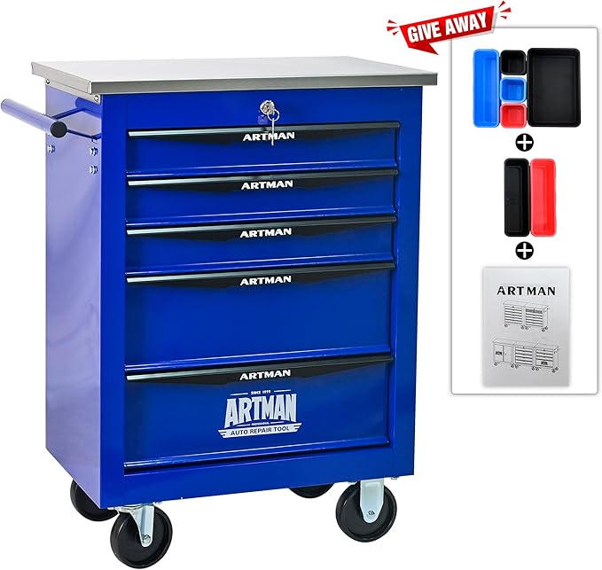 RYH 4/5/6/7 Drawers Rolling Tool Chest -Heavy Duty Mobile Metal Tool Box with Locking Wheels, with Stainless Steel Worktop, Garage Tool Storage Cabinet (Blue, 5-Drawers 30.7 H¡¿22.2 W)