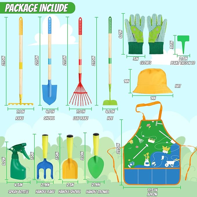 Magic4U Kids Gardening Tools Set, 22 Pcs Metal Garden Tools Toys with Apron, Gloves, Wood Handle Shovel, Rake, Hoe and Leaf Rake, Outdoor Digging Toys Gifts for Kids Age 3+