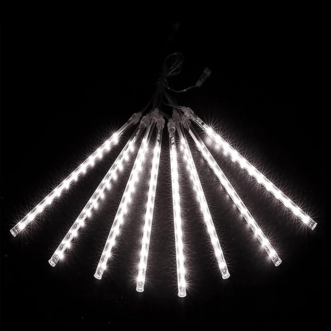 LJLNION Meteor Shower Icicle Lights, 12 Inch Outdoor Snow Falling Raindrop Lights, 8 Tubes 288 LED Xmas Wedding Party Tree Holiday Decor, White