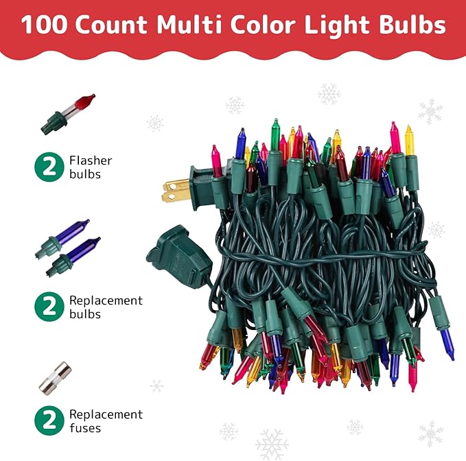 PREXTEX Christmas String Lights with Green Wire - 100 Count, 20 Ft Multicolored Christmas Tree Lights for Xmas Decorations Indoor and Outdoor - Incandescent String Light for Patios, Fences, Holidays