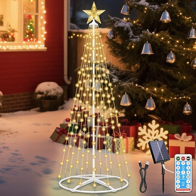 154LED Outdoor Solar Christmas Tree Lights, 4FT Lighted Artificial Cone Tree with Remote, 8 Modes, USB Charge, Timer & Waterproof Christmas Tree Decor for Garden Yard Patio, Warm White