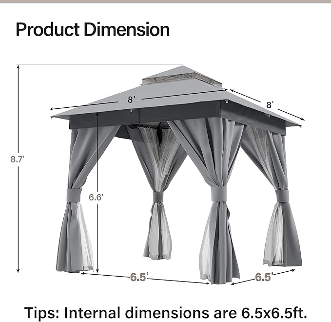 LAUSAINT HOME 8x8ft Outdoor Patio Gazebo with Double Roof, Heavy Duty Waterproof Gazebo Canopy Tent with Mosquito Netting for Backyard, Garden, Lawn & Wedding, Grey