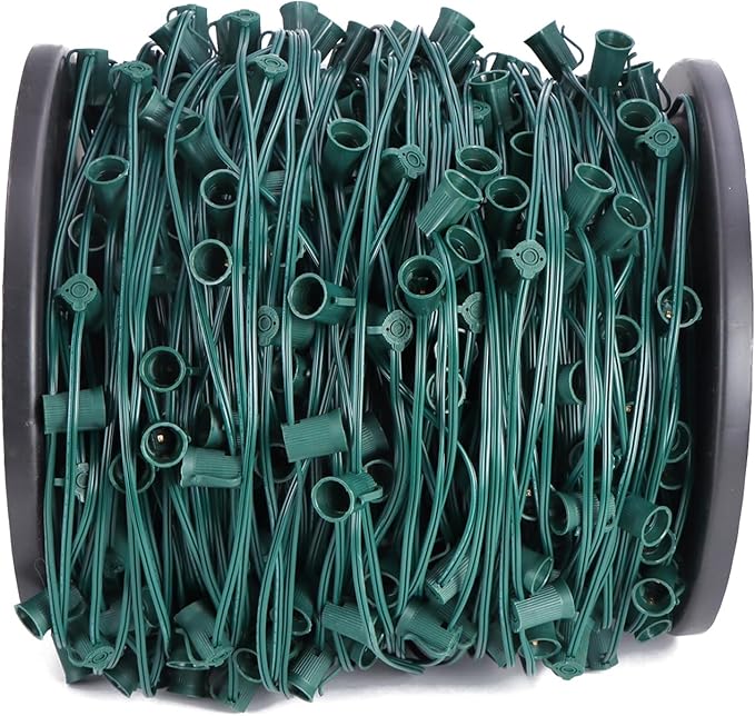 1000FT C9 Outdoor String Light Stringer, E17 Light Socket 12" Spacing, C9 Christmas Stringer Set Spool Green Light String for Wedding Patio Event Lighting Decor, Green Wire