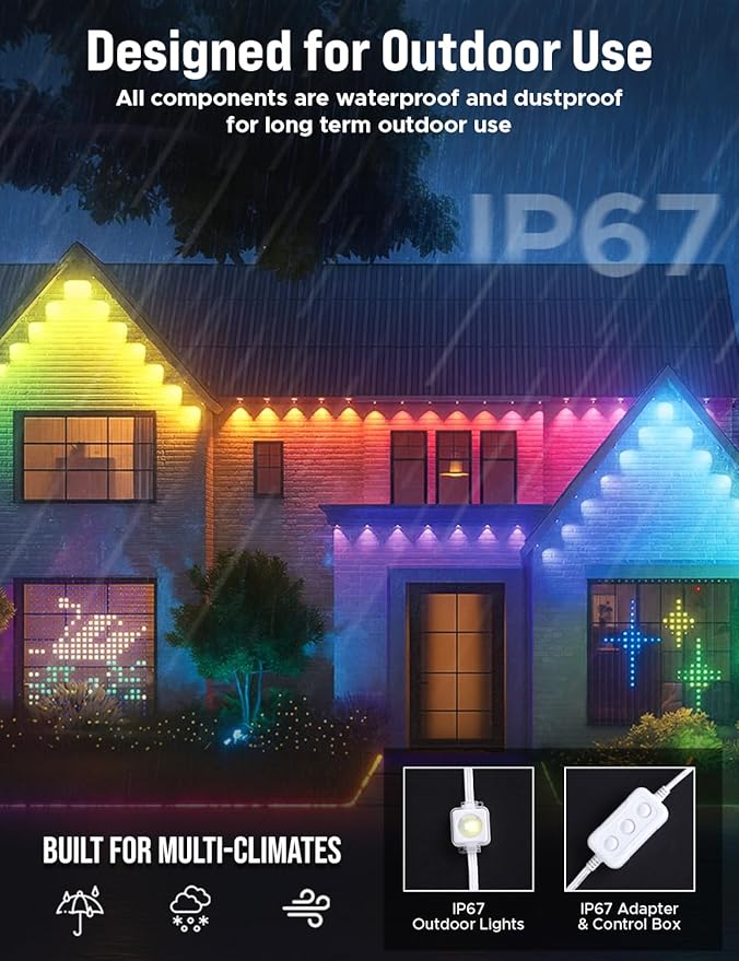 EcoNour 50 FT RGB LED Permanent Outdoor Lights | Smart Waterproof LED Eaves Lights with App & Remote Control | Music Sync, RGB Colorful Light | Alexa Smart Christmas Light for Decorations