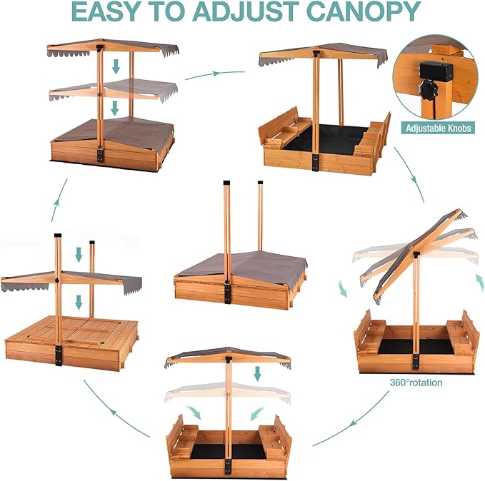 Large Wooden Kids Sand Box with Cover,Sandbox with Lid Foldable Beench Seats,Sand Boxes for Backyard Garden, Beach Patio Outdoor