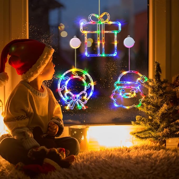 LOLStar Christmas Window Decorations 3 Pack Wreath Gift Box Santa Claus Christmas Window Lights with Suction Cups, Battery Operated Xmas Lights Decors, 2024 Upgrade Slow Fade Mode and Timer Function
