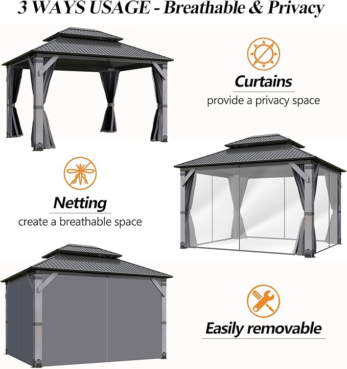 GARTOO 10' x 12' Outdoor Wood Gazebo - Permanent Wooden Hardtop Gazebo Pavilion with Double Curtains, Galvanized Steel Roof Cedar Wood Gazebos for Lawn, Garden, Poolside, Backyard Deck