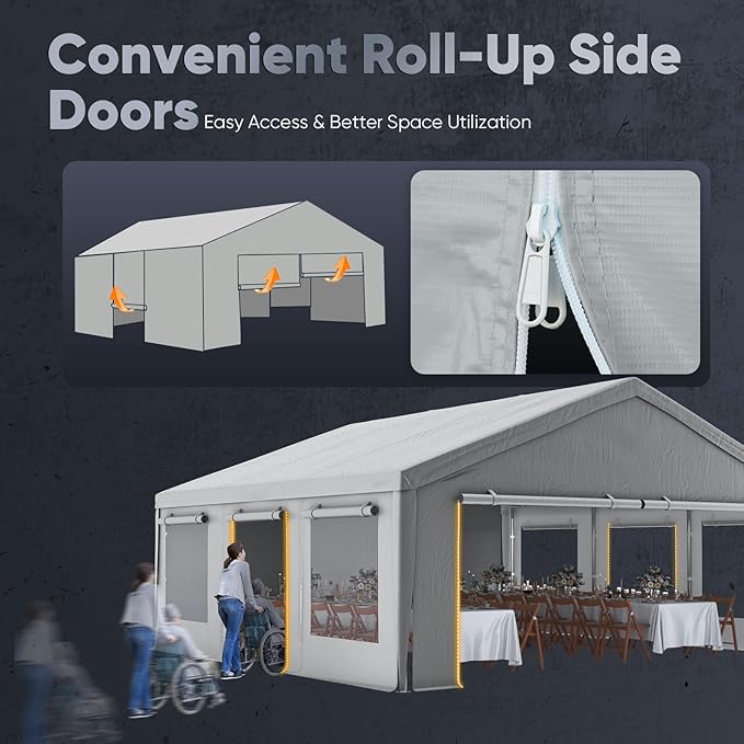 Quictent 20x20 ft Heavy Duty 2 Car Carports with Side Zipper Doors & Snowproof Steel Cables & Ventilated Windows, Waterproof Storage Shelter for Car, Boat, Outdoor Equipment, Gray