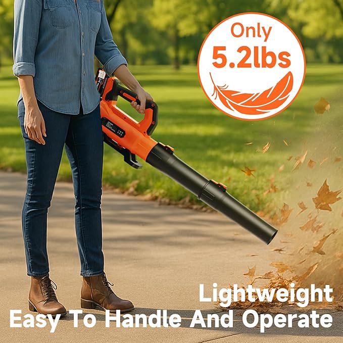 Leaf Blower Cordless with 2¡¿ 5.0Ah Batteries and Charger, 21V Electric, Lightweight Battery Powered Blowers for Lawn Care, Yard, Patio Cleaning, Blowing Leaves & Dust, Organe