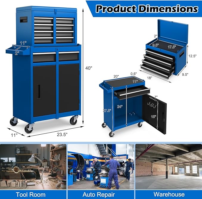 DORTALA Rolling Tool Chest Cabinet, Tool Box Organizer with 5 Sliding Drawers, Locking System, Toolbox Storage Cabinet on Wheels for Garage Workshop, Blue & Black