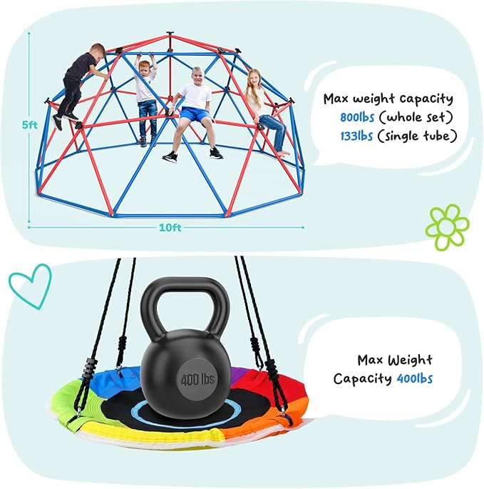 Hapfan Climbing Dome Swing Set with LED Saucer Swing, Jungle Gym for Kids Outdoor Backyard, Supports 800lbs, Easy Asssembly, Rust-Resistant Outdoor Playset for Ages 3-8 8-12