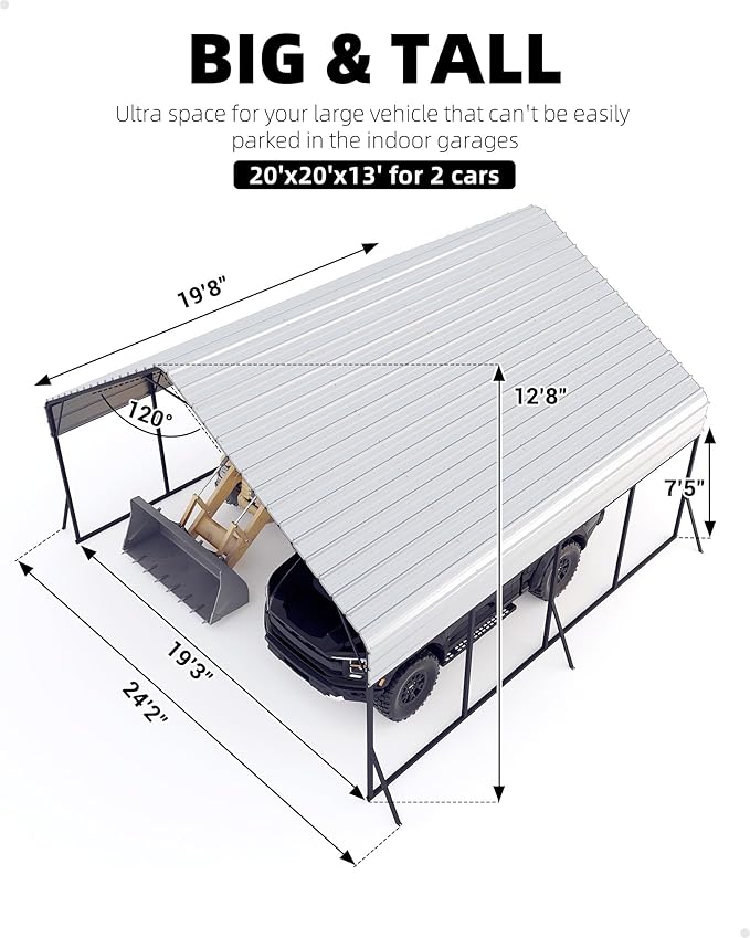 20x20 FT Metal Carport Heavy Duty Car Ports Reinforced Frame, Galvanized Steel Roof and Enhanced Base All-Weather Outdoor Oversized Shelter for Cars, Bass Boats, Full-Sized Pickup Trucks, Tractors