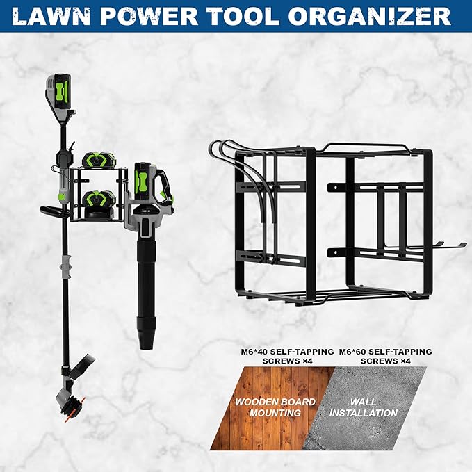 Pugala Universal Storage Rack for Leaf Blower, Weed Eater, and Power Tools ? Adjustable Wall Mount Organizer with Heavy-Duty Steel, Powder-Coated Finish, and Battery Storage ? Black