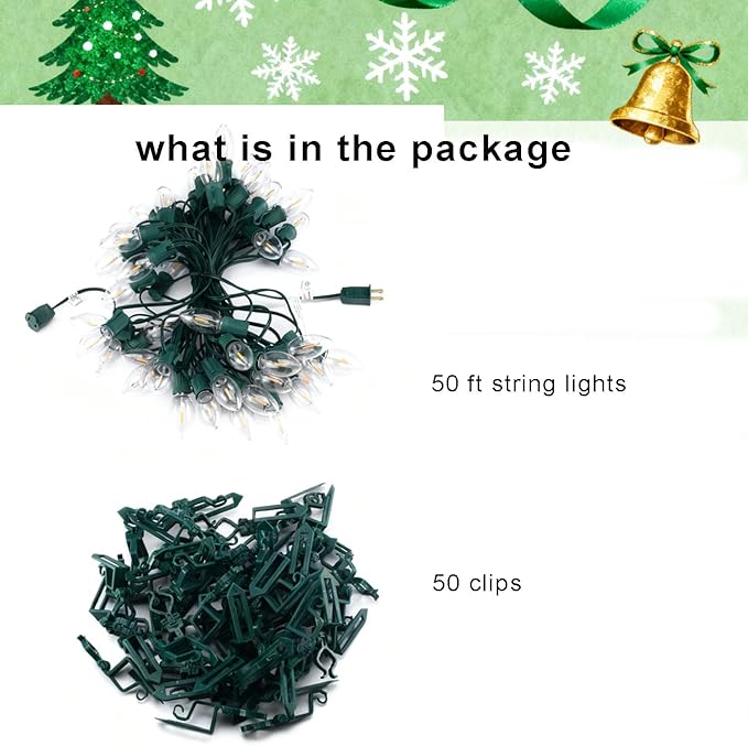 C9 LED Outdoor Christmas Lights,C9 String Lights with Quick Clips,for Xmas House Roof Gutter,Plug in & Connectable,50FT 50 Light,Warm White