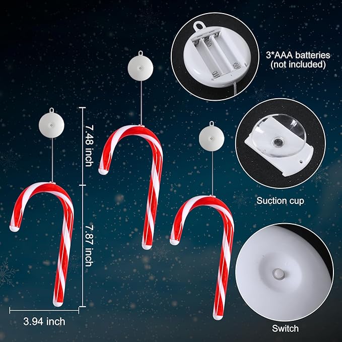 3 Pack Christmas Window Lights Decorations with Timer,Battery Powered Red Lighted Candy Cane LED String Sucker for Xmas 2026 Hanging Fireplace Window Indoor Decor
