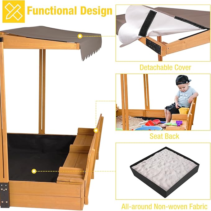 AIVITUVIN Sandbox with Lid, Sand Boxes for Kids Outdoor, 47.2 Inch Sand Pit with 2 Foldable Bench Seats, UV Resistant & Adjustable Height Roof, Gift for Kids Ages 4-8