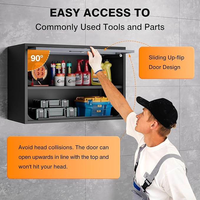 Metal Wall Cabinet with Locking Door and Shelf, Hanging Garage Cabinets with Up-Flip Doors for Garage, Warehouse, Home, Office, Assembly Required (Black Grey, One Cabinet)