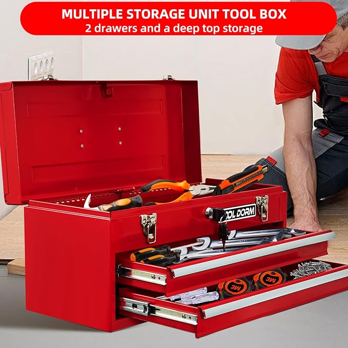 20.3¡° Metal Tool Box with Drawer Portable Steel Tool Box with Liner and Latch Closure and Lock for Garage, Home and Warehouse (Red-2 Drawers)