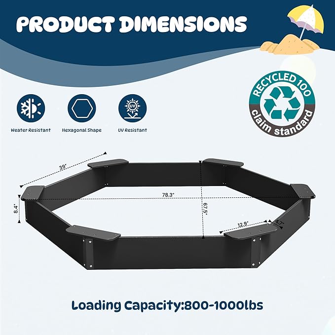 FOOWIN Hexagonal Outdoor Sandbox with Cover for Kids, HDPE Large Sandpit w/6 Benches, for Aged 3-12 Years Old, Sand Box for Children, Bottom Liner,Black