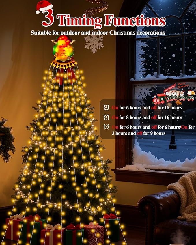 Christmas Decorations Outdoor String Lights - 335 LED 11.48ft 9 Strands Waterfall Tree Lights with Topper, 8 Lighting Modes Christmas Lights Indoor Decorative for Wedding Yard Party Home
