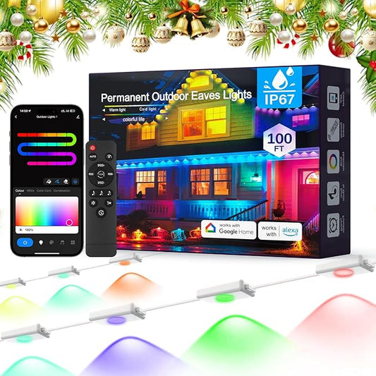 Permanent Outdoor Lights for House: 100FT Smart RGB+IC Eave Light for Halloween Christmas Decor,Warm/Cool White Lighting,IP67 Waterproof,Compatible with Alexa Google Assistant,White