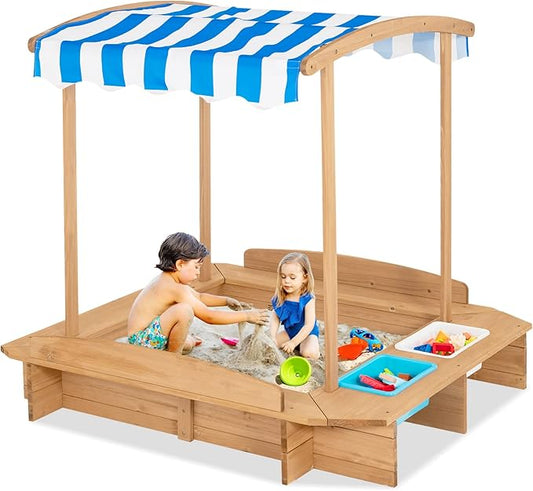Costzon Kids Wooden Sandbox with Canopy, 50x46in Cedar Cabana Sandpit w/Ground Liner, 2 Toy Storage Boxes, Children Outdoor Playset Station for Backyard, Home, Lawn, Garden, Beach