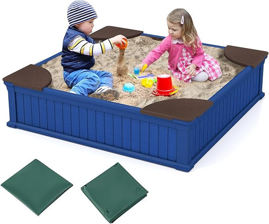 Costzon Kids Sandbox with Cover, 4ft x 4ft HDPE Sandpit with Oxford Cover, Bottom Liner, 4 Corner Seats, Weather Resistant Outdoor Sand Pit for Backyard Lawn Garden Beach (Navy)