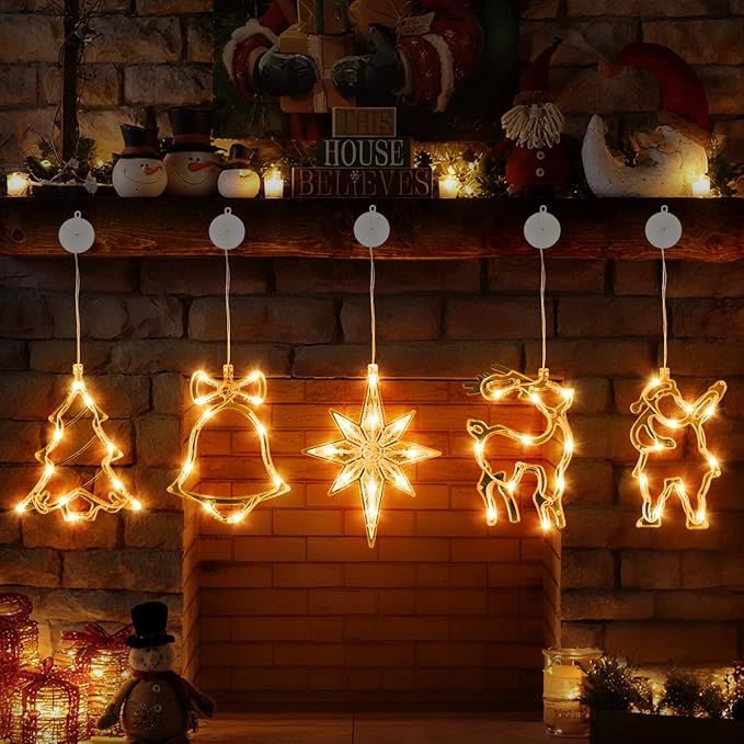 5Pcs Christmas Window Lights, Battery Powered Twinkle Lights Christmas Decorations Indoor Outdoor for Wall Door Porch Balcony Glass Decor with Suction Cup & Timer