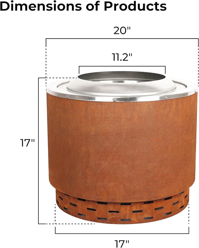 KOL 20 Smokeless Dual Flame Fire Pit for Outdoor - Thick Corten Steel & Stainless Steel Wood Burning Firepits with Stand, Portable Bonfire Pit with Removable Ash Pan for Patio, Backyard, Campsite