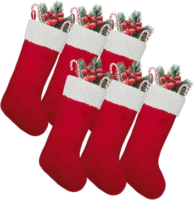 6Pack Large Christmas Stockings for Family Holiday Decor Merry Christmas Tree Fireplace 20" Traditional Xmas Bulk Stockings (6, Red-Grain-Large)