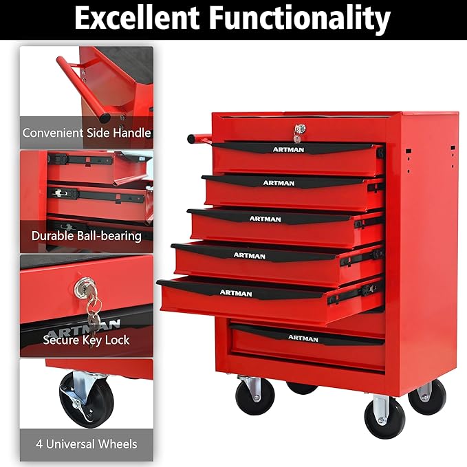 RYH 7 Drawers Rolling Tool Chest - Heavy Duty Mobile Tool Cart with Locking Wheels & Ball Bearing Drawers,30.5 H x 20.9 W x 13 D Garage Tool Storage Cabinet (Red, 7 Drawers)
