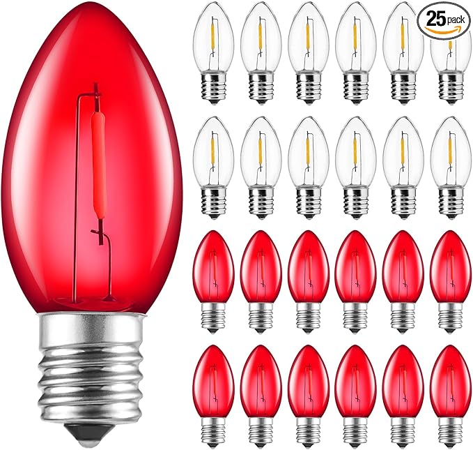 Brightown 25 Pack C9 LED Christmas Light Bulbs, Red and Pure White Plastic C9 Shatterproof LED Bulbs Replacement for Christmas String Lights, E17 Intermediate Base
