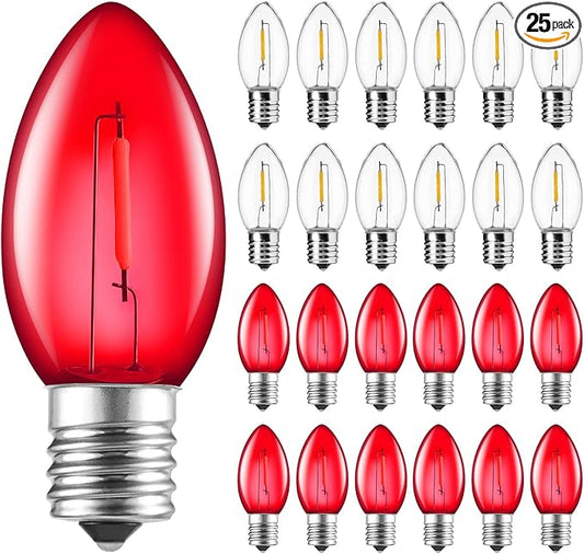 Brightown 25 Pack C9 LED Christmas Light Bulbs, Red and Pure White Plastic C9 Shatterproof LED Bulbs Replacement for Christmas String Lights, E17 Intermediate Base
