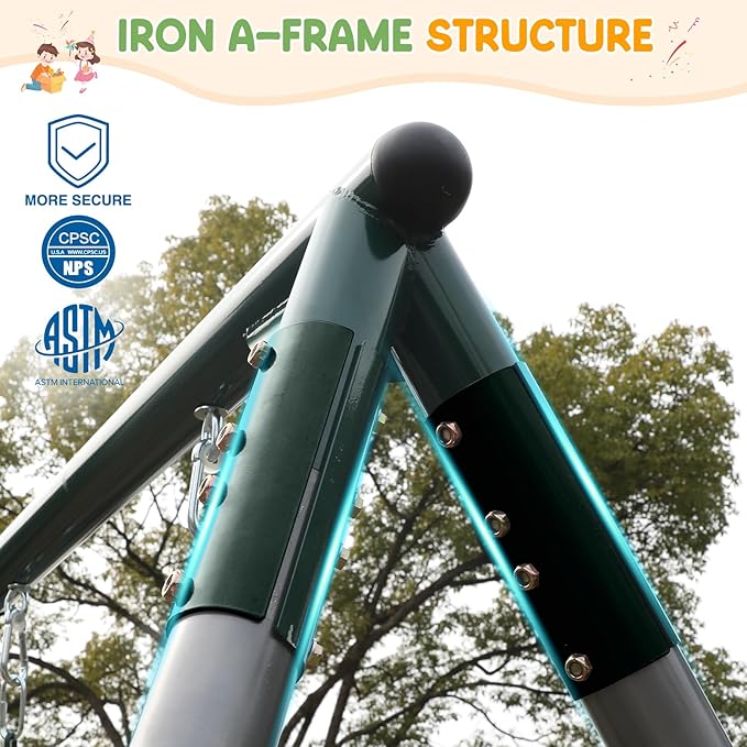 700 lbs Swing Set Outdoor for Kids with Saucer Swing and Belt Swing, Metal Swingset with 3 Frame Stand and Adjustable Rope, Heavy Duty 8FT Sets for Backyard Playground, Ages 3+