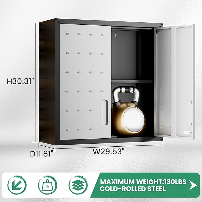 Garage Wall Cabinet,29.5 W Wall Mounted Garage Cabinets with Adjustable Shelf,Heavy Duty Lockable Metal Cabinet,Secure Hanging Tool Cabinet for Basement,Laundry Room,Workshop,Black/Grey