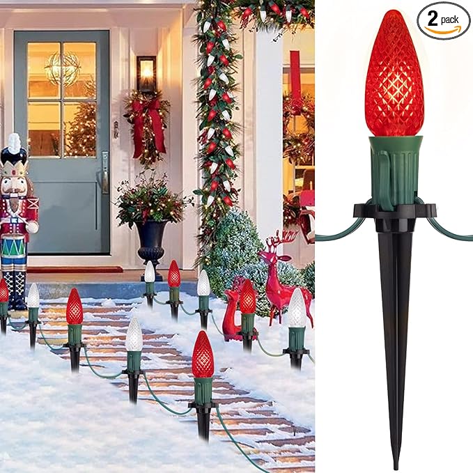 Christmas Pathway Lights Outdoor, 2 Pack 26 Ft 20 LED C9 Strawberry String Lights with Stakes, Connectable Waterproof Outside Christmas Lights Marker for Path, Lane, Patio Decor, Red & Pure White