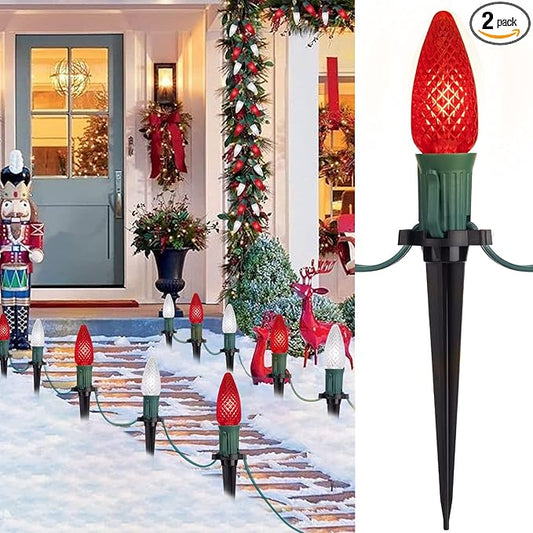 Christmas Pathway Lights Outdoor, 2 Pack 26 Ft 20 LED C9 Strawberry String Lights with Stakes, Connectable Waterproof Outside Christmas Lights Marker for Path, Lane, Patio Decor, Red & Pure White
