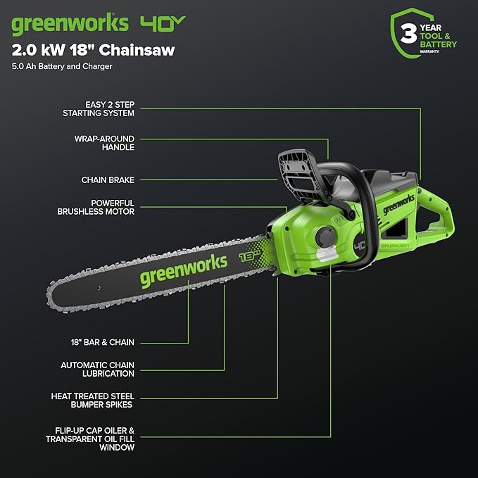Greenworks 40V HP 18" BL Chainsaw Kit with 5.0Ah HP Battery and 5A Rapid Charger